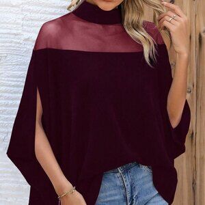 Burgundy Casual Women's Stand Collar Mesh Hollow Blouse